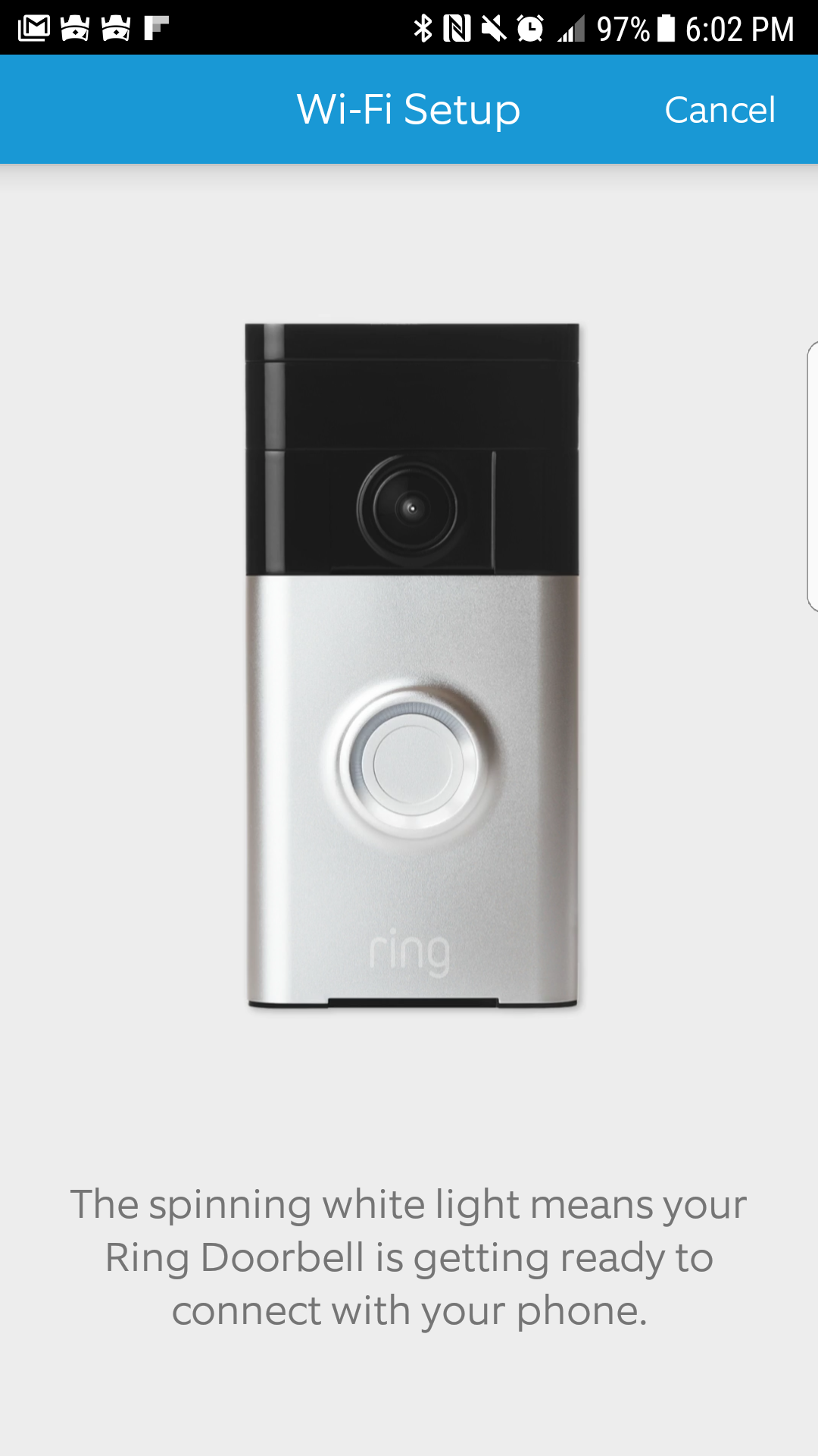 You are notified about the spinning white light that indicates your Ring video doorbell is ready for setup!