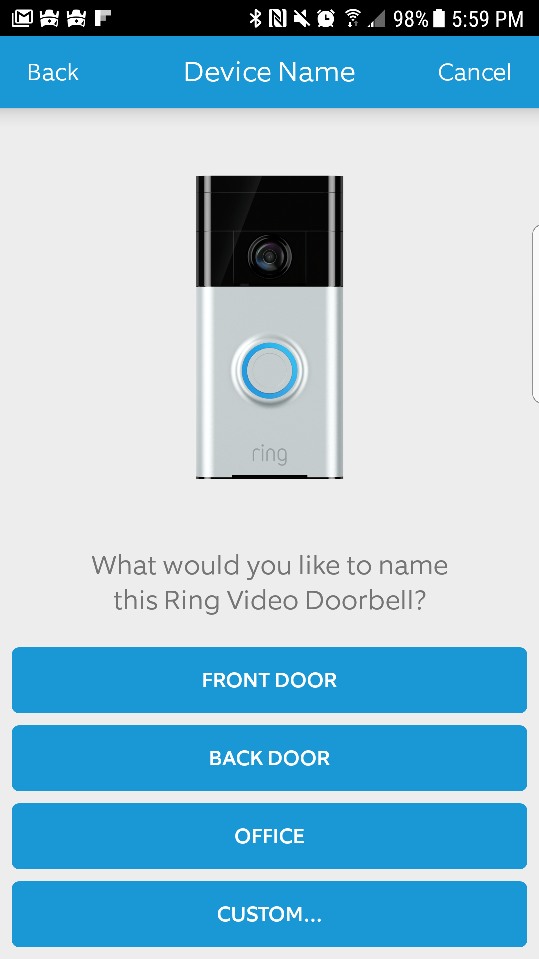 Once a product is selected the Ring app suggests possible names for your device.