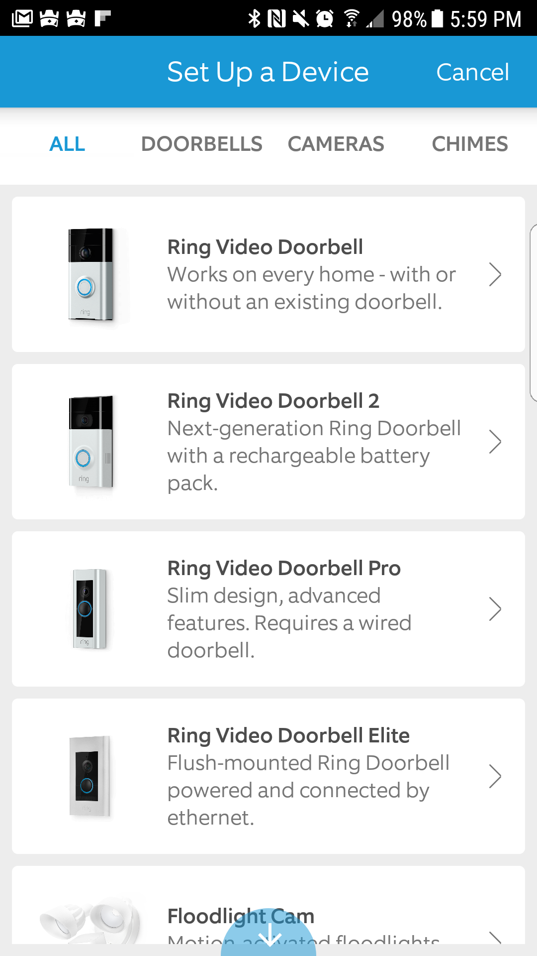 After setting up your account, you are asked which type of device you would like to setup. I chose Ring Video Doorbell.