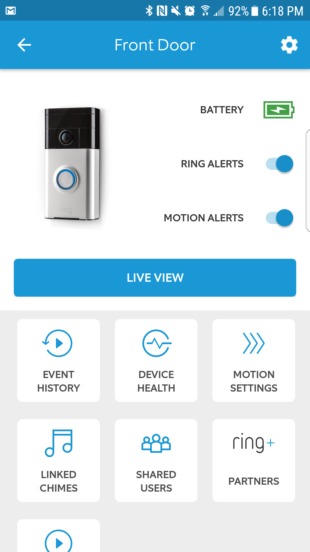 Here you see the Device page, where you can adjust settings for a specific Ring Video Doorbell.