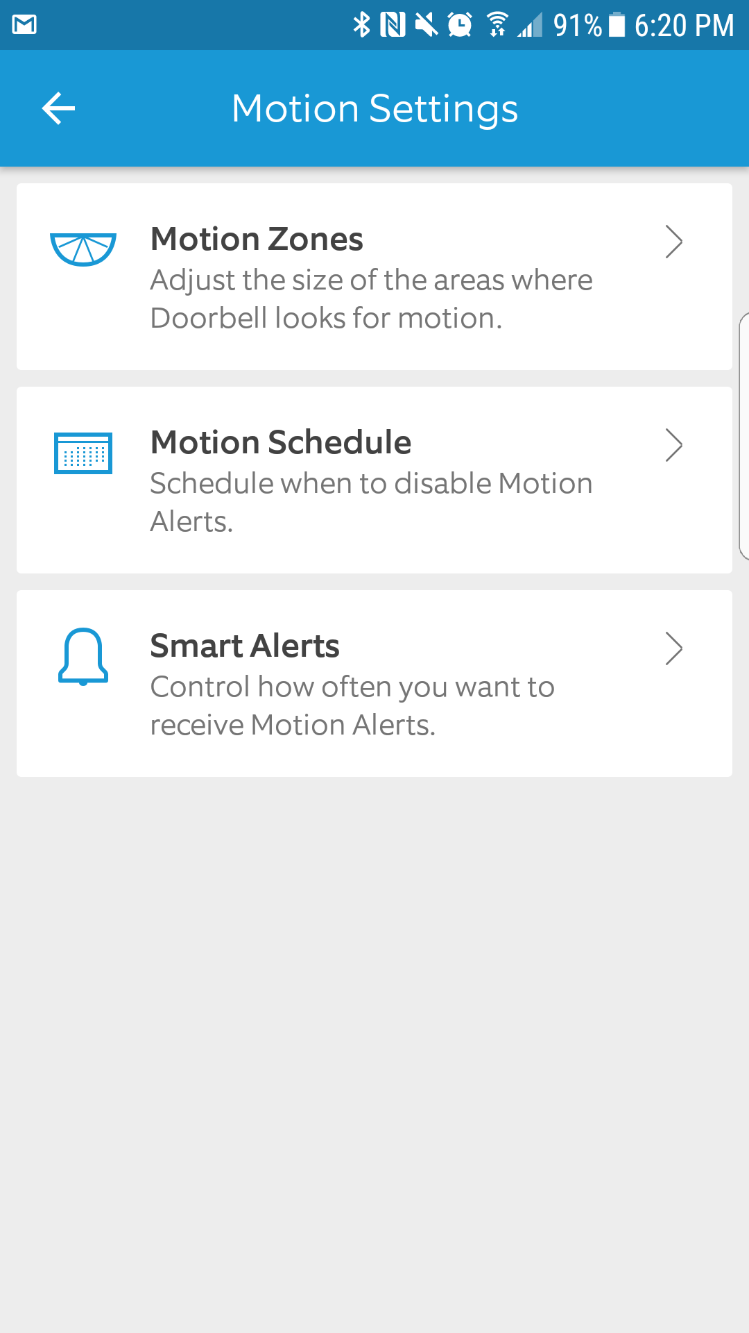 Here are the three sections of the Motion Sensor settings.