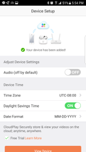 When completed, you can adjust the cameras settings. I recommend turning the audio on, great feature.
